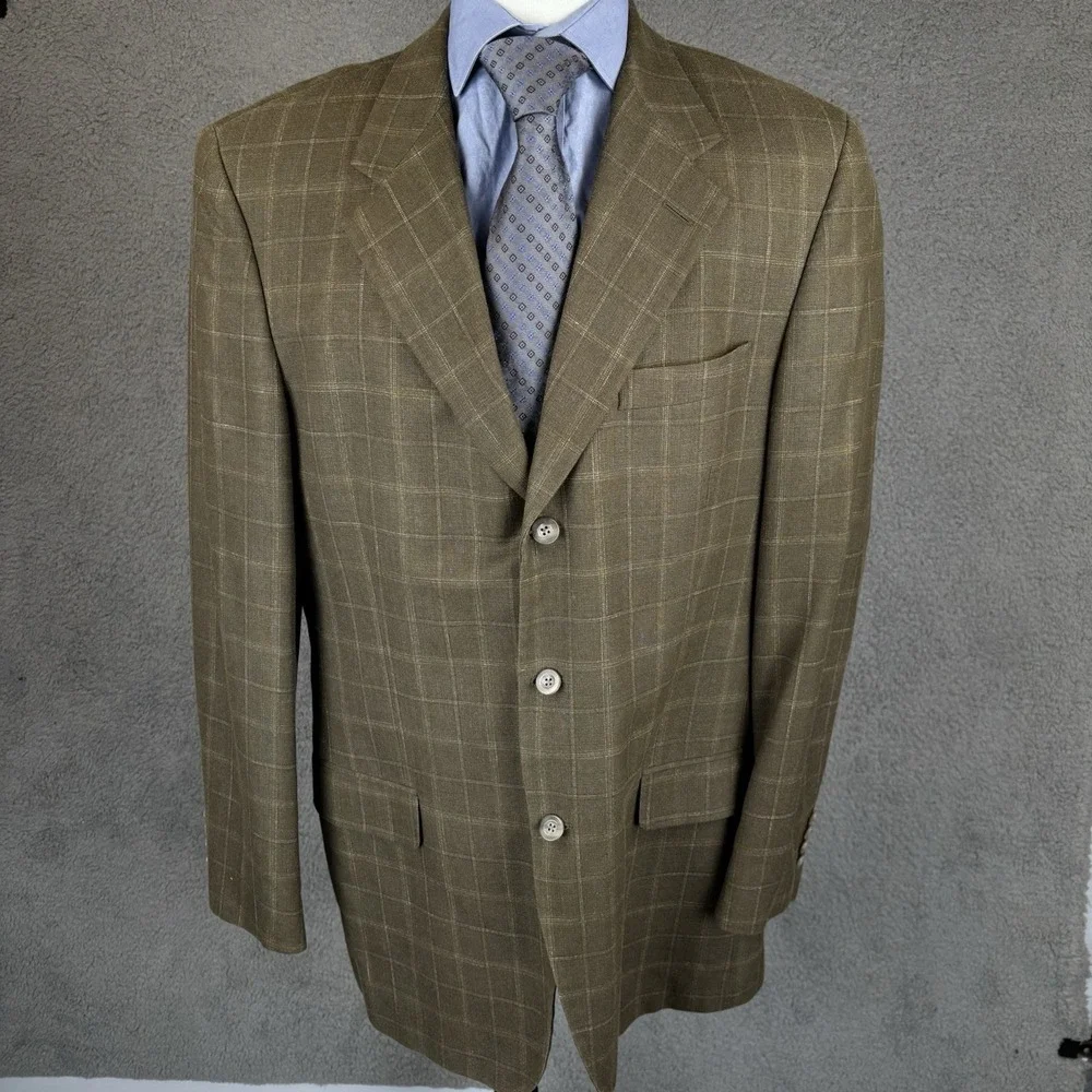 Nordstrom Blazer Mens 42L Olive‎ Windowpane E Thomas Silk Wool Linen Sport Coat